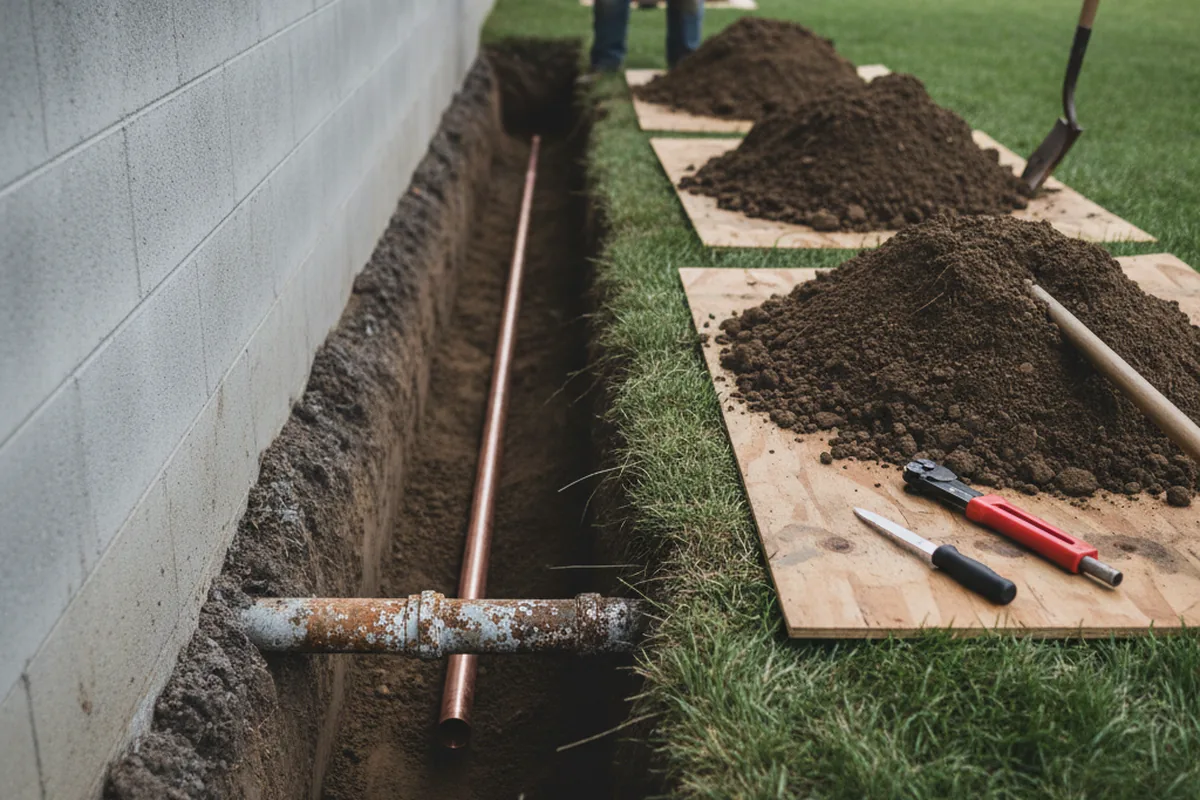 Excavated water line trench during Sewer Line Repair in Cade